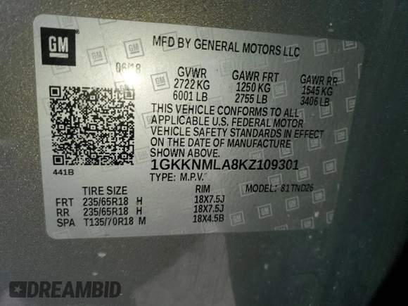 2019 GMC Acadia SLT with VIN 1GKKNMLA8KZ109301, listed as a Copart auction lot 49261145 with 83,436 mi miles and Salvage title. Bid and sale history available at DreamBid. Image 13.