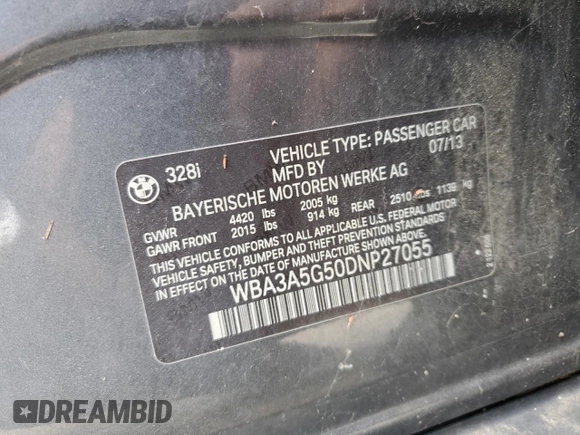 2013 BMW 3 Series 328i with VIN WBA3A5G50DNP27055, listed as a Copart auction lot 76355314 with 169,769 mi miles and Clean Title. Bid and sale history available at carsss.com. Image 12.