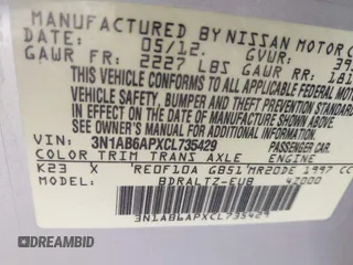 2012 Nissan Sentra S with VIN 3N1AB6APXCL735429, listed as a IAAI auction lot 42375681 with 134,560 mi miles and . Bid and sale history available at DreamBid. Image 9.