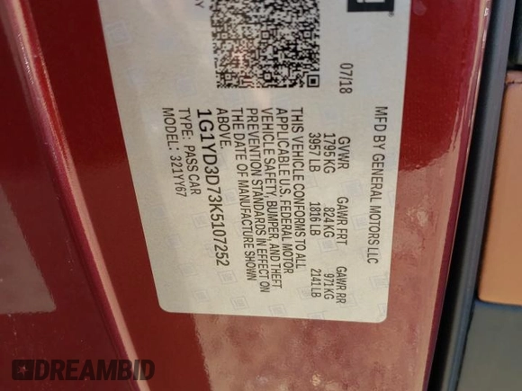 2019 Chevrolet Corvette 2LT with VIN 1G1YD3D73K5107252, listed as a Copart auction lot 77106114 with 19,093 mi miles and Salvage Title. Bid and sale history available at carsss.com. Image 12.