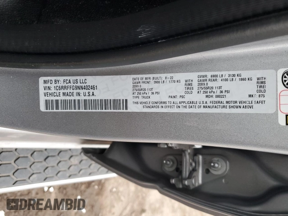 2022 Ram 1500 Big Horn z VIN 1C6RRFFG9NN402461, wystawiony jako Copart lot #45080115 z przebiegiem 34 011 mil mil oraz Szkoda całkowita • Salvage title. Historia ofert i sprzedaży dostępna na DreamBid. Obrazek 13.