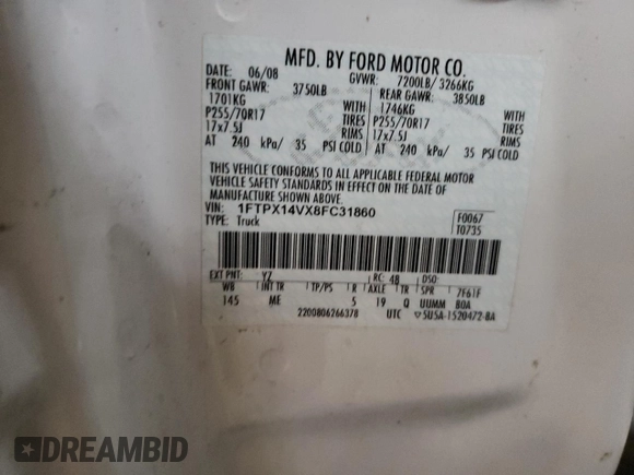 2008 Ford F-150 XLT с VIN 1FTPX14VX8FC31860, выставлен на аукционе Copart как лот 60692195 с пробегом 137 038 миль миль и Чистый • Clean title. История ставок и продаж доступна на DreamBid. Изображение 12.