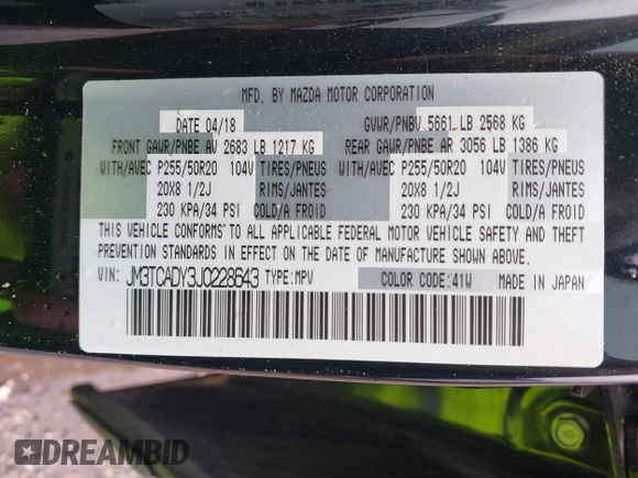 2018 Mazda CX-9 Grand Touring with VIN JM3TCADY3J0228643, listed as a IAAI auction lot 42481641 with 121,714 mi miles and . Bid and sale history available at DreamBid. Image 9.