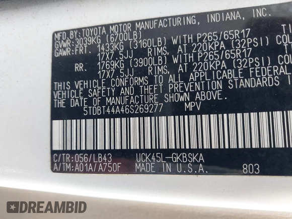 2006 Toyota Sequoia SR5 with VIN 5TDBT44A46S269277, listed as a IAAI auction lot 41838407 with 440,047 mi miles and . Bid and sale history available at DreamBid. Image 9.