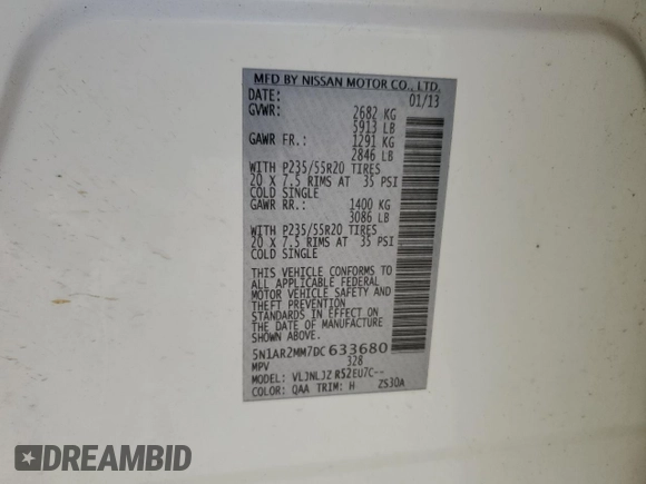 2013 Nissan Pathfinder SV with VIN 5N1AR2MM7DC633680, listed as a Copart auction lot 49915615 with 181,596 mi miles and Salvage Title. Bid and sale history available at carsss.com. Image 13.