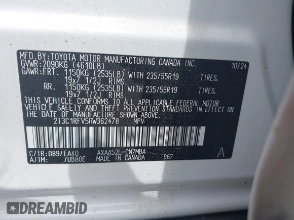 2024 Toyota RAV4 XLE Premium with VIN 2T3C1RFV5RW362478, listed as a IAAI auction lot 42504047 with 9,975 mi miles and . Bid and sale history available at DreamBid. Image 9.