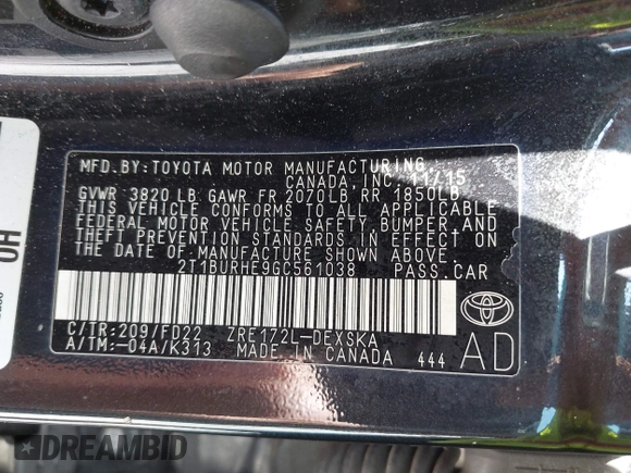 2016 Toyota Corolla L with VIN 2T1BURHE9GC561038, listed as a IAAI auction lot 39307767 with 174,503 mi miles and . Bid and sale history available at DreamBid. Image 9.
