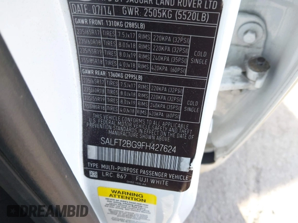 2015 Land Rover LR2 HSE Lux with VIN SALFT2BG9FH427624, listed as a IAAI auction lot 41340117 with 119,255 mi miles and . Bid and sale history available at DreamBid. Image 9.