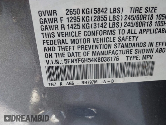 2019 Honda Pilot EX-L with VIN 5FNYF6H54KB038176, listed as a IAAI auction lot 42039560 with 52,404 mi miles and . Bid and sale history available at carsss.com. Image 9.