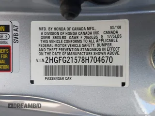 2008 Honda Civic Cpe Si with VIN 2HGFG21578H704670, listed as a IAAI auction lot 41858703 with 152,193 mi miles. Bid and sale history available at carsss.com. Image 9.