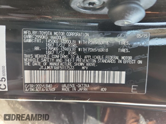 2015 Lexus GX 460 Luxury with VIN JTJJM7FX6F5117533, listed as a Copart auction lot 65205475 with 122,435 mi miles and Clean title. Bid and sale history available at DreamBid. Image 13.
