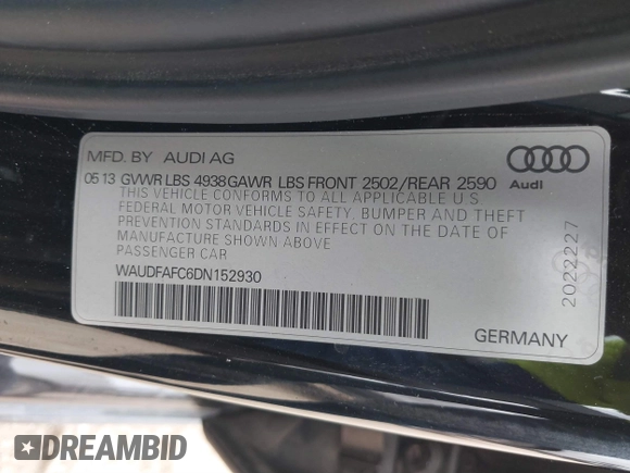 2013 Audi A6 Premium Plus with VIN WAUDFAFC6DN152930, listed as a IAAI auction lot 41186245 with 121,967 mi miles and . Bid and sale history available at DreamBid. Image 9.
