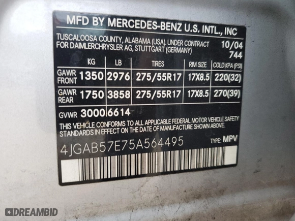 2005 Mercedes-Benz M-Class 3.7L with VIN 4JGAB57E75A564495, listed as a Copart auction lot 43456375 with 156,129 mi miles and Salvage Title. Bid and sale history available at carsss.com. Image 14.