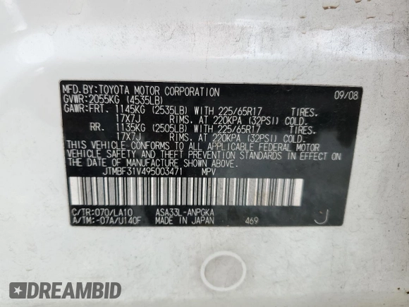 2009 Toyota RAV4 Ltd with VIN JTMBF31V495003471, listed as a Copart auction lot 52213915 with 191,073 mi miles and Salvage Title. Bid and sale history available at carsss.com. Image 14.