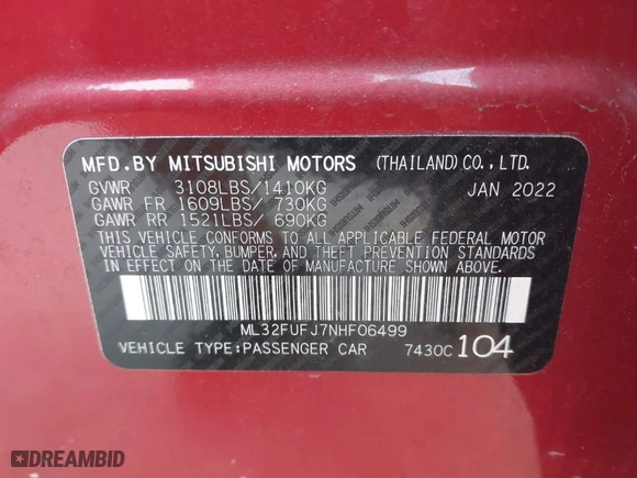 2022 Mitsubishi Mirage G4 ES with VIN ML32FUFJ7NHF06499, listed as a IAAI auction lot 41768320 with 19,331 mi miles. Bid and sale history available at carsss.com. Image 9.