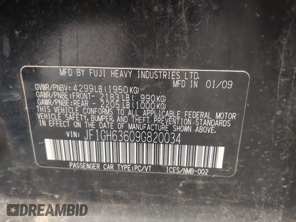 2009 Subaru Impreza Outback Special Sports with VIN JF1GH63609G820034, listed as a IAAI auction lot 42167339 with 160,153 mi miles and . Bid and sale history available at DreamBid. Image 9.