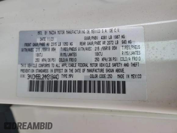 2021 Mazda CX-30 Select with VIN 3MVDMBBL2MM318440, listed as a Copart auction lot 58743695 with 20,825 mi miles and Salvage title. Bid and sale history available at DreamBid. Image 14.
