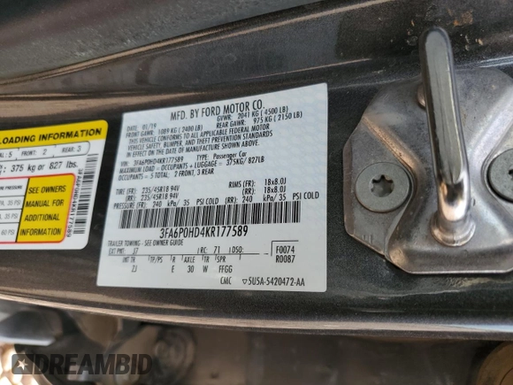 2019 Ford Fusion SE with VIN 3FA6P0HD4KR177589, listed as a Copart auction lot 86351984 with 126,075 mi miles and Salvage Title. Bid and sale history available at carsss.com. Image 12.