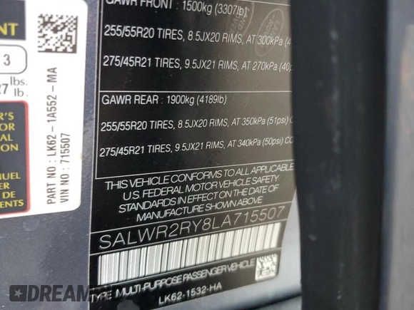 2020 Land Rover Range Rover Sport z VIN SALWR2RY8LA715507, wystawiony jako Copart lot #77335364 z przebiegiem 39 597 mil mil oraz Nie do naprawy • Non repairable. Historia ofert i sprzedaży dostępna na DreamBid. Obrazek 13.