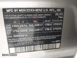 2002 Mercedes-Benz M-Class with VIN 4JGAB54E32A360356, listed as a IAAI auction lot 40540769 with 235,810 mi miles. Bid and sale history available at carsss.com. Image 9.