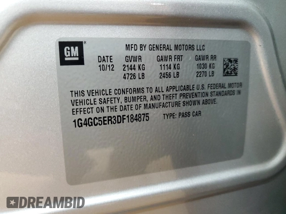 2013 Buick LaCrosse Leather with VIN 1G4GC5ER3DF184875, listed as a Copart auction lot 58577345 with 92,612 mi miles and Salvage title. Bid and sale history available at DreamBid. Image 12.