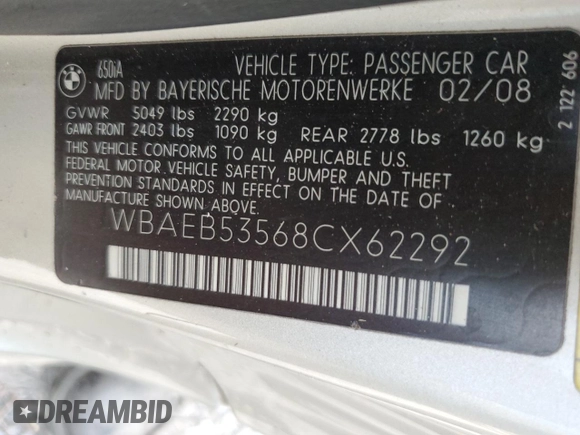 2008 BMW 6 Series 650i with VIN WBAEB53568CX62292, listed as a Copart auction lot 74968684 with 129,548 mi miles and Non Repairable. Bid and sale history available at carsss.com. Image 13.