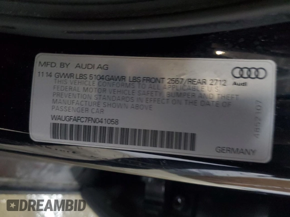2015 Audi A6 Premium Plus z VIN WAUGFAFC7FN041058, wystawiony jako Copart lot #58544755 z przebiegiem 63 267 mil mil oraz Szkoda całkowita • Salvage title. Historia ofert i sprzedaży dostępna na DreamBid. Obrazek 12.