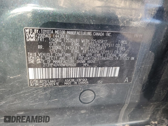 2011 Toyota RAV4 Ltd with VIN 2T3YF4DVXBW101608, listed as a Copart auction lot 88431055 with 151,698 mi miles and Salvage Title. Bid and sale history available at carsss.com. Image 13.