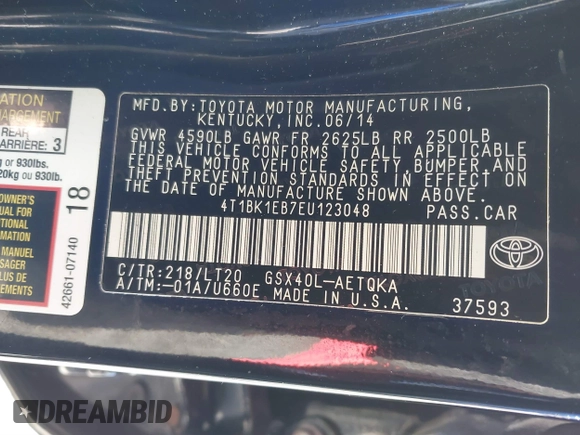 2014 Toyota Avalon Limited with VIN 4T1BK1EB7EU123048, listed as a IAAI auction lot 41246530 with 113,978 mi miles and . Bid and sale history available at DreamBid. Image 9.