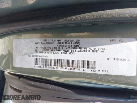 2004 Subaru Legacy L with VIN 4S3BH625846303477, listed as a IAAI auction lot 41836308 with 149,236 mi miles and . Bid and sale history available at DreamBid. Image 9.