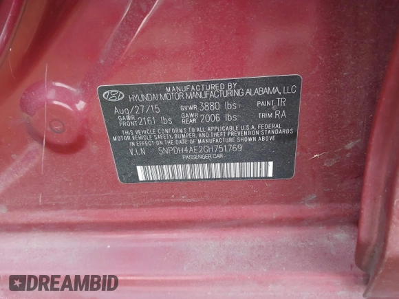 2016 Hyundai Elantra SE with VIN 5NPDH4AE2GH751769, listed as a IAAI auction lot 41928612 with 125,820 mi miles. Bid and sale history available at carsss.com. Image 9.