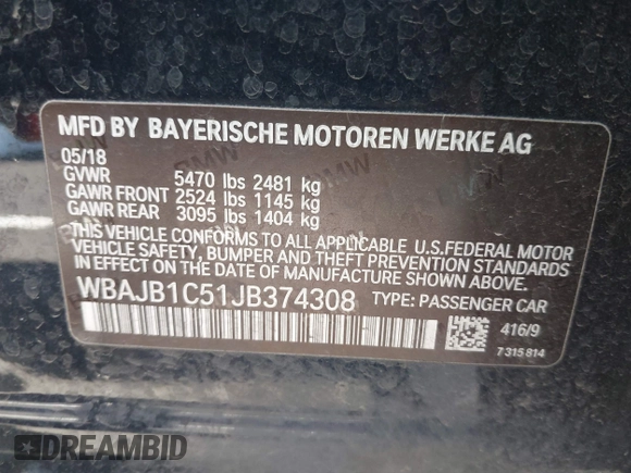 2018 BMW 5 Series 530e xDrive with VIN WBAJB1C51JB374308, listed as a IAAI auction lot 41965038 with 122,791 mi miles and . Bid and sale history available at carsss.com. Image 9.