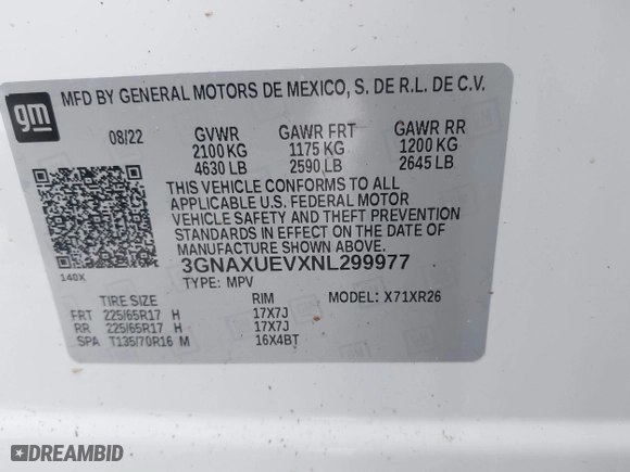 2022 Chevrolet Equinox LT with VIN 3GNAXUEVXNL299977, listed as a IAAI auction lot 41628827 with 6,513 mi miles. Bid and sale history available at carsss.com. Image 9.