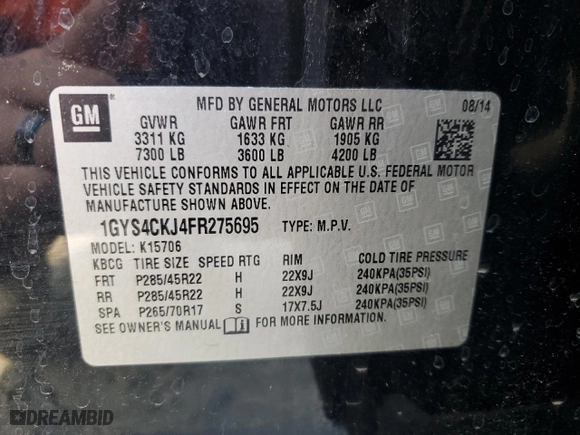 2015 Cadillac Escalade Premium with VIN 1GYS4CKJ4FR275695, listed as a Copart auction lot 44108685 with 134,470 mi miles and Salvage Title. Bid and sale history available at carsss.com. Image 15.