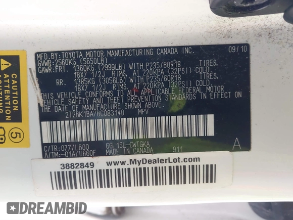2011 Lexus RX 350 with VIN 2T2BK1BA7BC083140, listed as a IAAI auction lot 41864416 with 223,658 mi miles and . Bid and sale history available at DreamBid. Image 9.