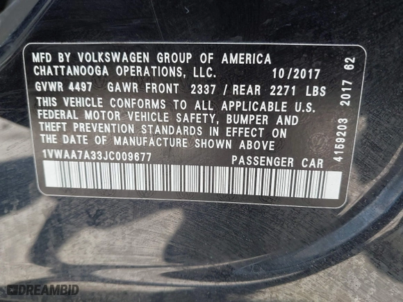 2018 Volkswagen Passat 2.0T S with VIN 1VWAA7A33JC009677, listed as a IAAI auction lot 41796723 with 63,151 mi miles. Bid and sale history available at carsss.com. Image 9.