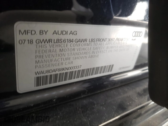 2019 Audi A8 L with VIN WAU8DAF88KN003337, listed as a Copart auction lot 40893973 with 55,908 mi miles. Bid and sale history available at carsss.com. Image 12.