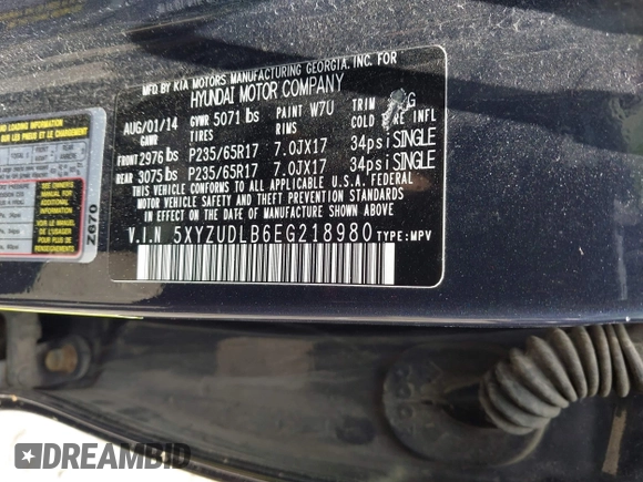 2014 Hyundai Santa Fe with VIN 5XYZUDLB6EG218980, listed as a IAAI auction lot 42391630 with 136,710 mi miles and . Bid and sale history available at DreamBid. Image 9.
