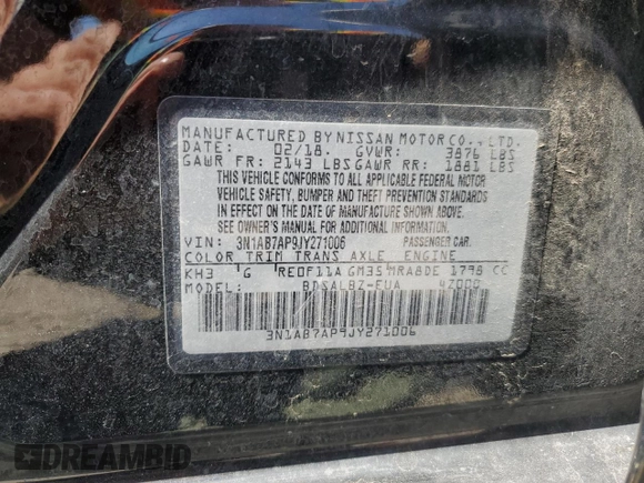 2018 Nissan Sentra S z VIN 3N1AB7AP9JY271006, wystawiony jako Copart lot #54979375 z przebiegiem 78 100 mil mil oraz Szkoda całkowita • Salvage title. Historia ofert i sprzedaży dostępna na DreamBid. Obrazek 12.