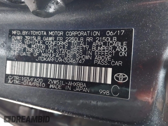 2017 Toyota Prius Two z VIN JTDKARFU9H3046747, wystawiony jako IAAI lot #41773391 z przebiegiem 148 728 mil mil oraz . Historia ofert i sprzedaży dostępna na DreamBid. Obrazek 9.