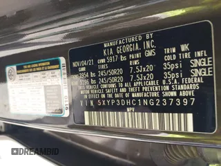 2022 Kia Telluride EX with VIN 5XYP3DHC1NG237397, listed as a IAAI auction lot 41615628 with 44,732 mi miles and . Bid and sale history available at carsss.com. Image 9.