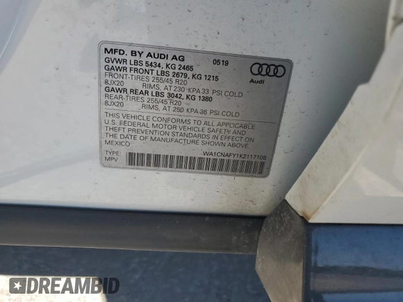 2019 Audi Q5 Prestige with VIN WA1CNAFY1K2117105, listed as a Copart auction lot 48867315 with 42,272 mi miles and Salvage Title. Bid and sale history available at carsss.com. Image 12.