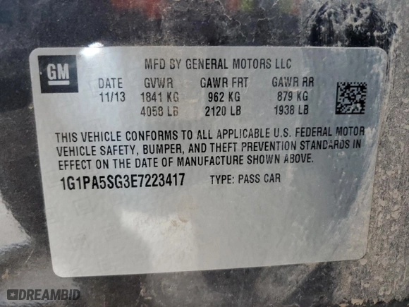 2014 Chevrolet Cruze LS with VIN 1G1PA5SG3E7223417, listed as a Copart auction lot 58986724 with 164,579 mi miles and Salvage Title. Bid and sale history available at carsss.com. Image 12.