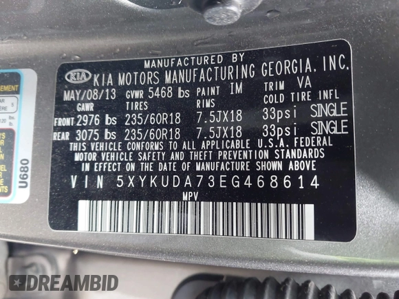 2014 Kia Sorento EX with VIN 5XYKUDA73EG468614, listed as a IAAI auction lot 41721133 with 114,297 mi miles. Bid and sale history available at carsss.com. Image 9.