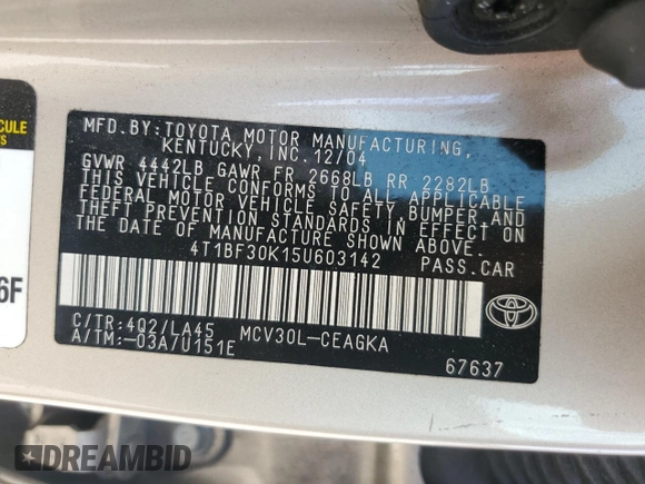 2005 Toyota Camry LE with VIN 4T1BF30K15U603142, listed as a Copart auction lot 54925905 with 295,376 mi miles and Clean Title. Bid and sale history available at DreamBid. Image 12.