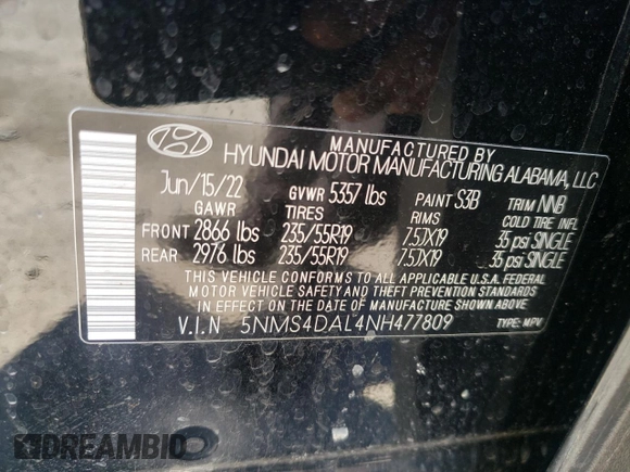 2022 Hyundai Santa Fe Limited with VIN 5NMS4DAL4NH477809, listed as a Copart auction lot 42377905 with 24,292 mi miles and Salvage Title. Bid and sale history available at carsss.com. Image 13.