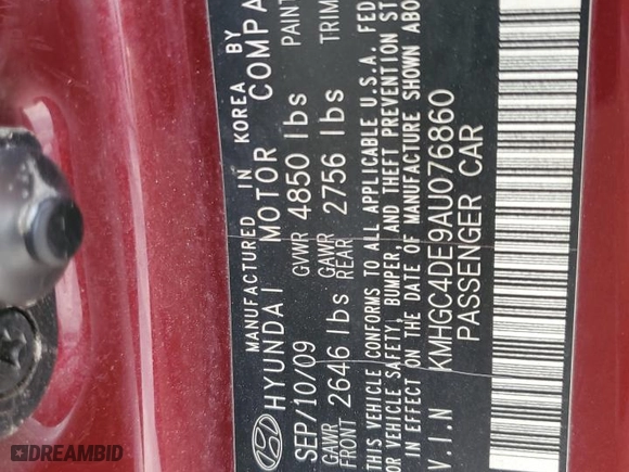 2010 Hyundai Genesis with VIN KMHGC4DE9AU076860, listed as a Copart auction lot 47982415 with 277,505 mi miles and Salvage Title. Bid and sale history available at carsss.com. Image 12.