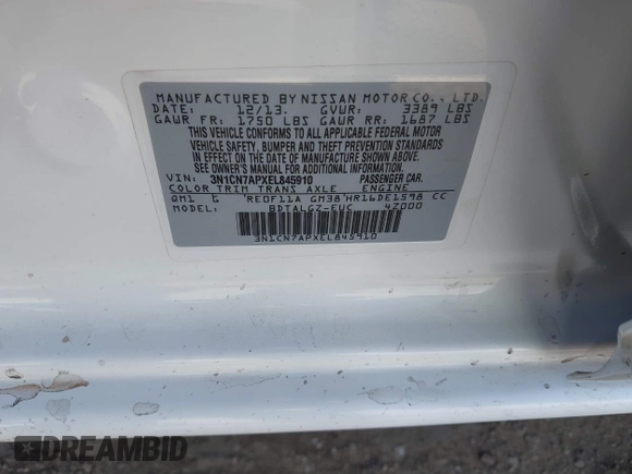 2014 Nissan Versa SV with VIN 3N1CN7APXEL845910, listed as a IAAI auction lot 41845481 with 100,005 mi miles. Bid and sale history available at carsss.com. Image 9.