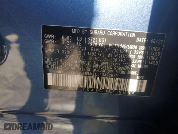 2020 Subaru Ascent Limited with VIN 4S4WMALD0L3472670, listed as a Copart auction lot 48612195 with 51,236 mi miles and Salvage Title. Bid and sale history available at carsss.com. Image 14.