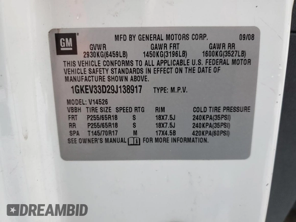 2009 GMC Acadia SLT2 with VIN 1GKEV33D29J138917, listed as a Copart auction lot 84447654 with 174,699 mi miles and Salvage Title. Bid and sale history available at DreamBid. Image 15.